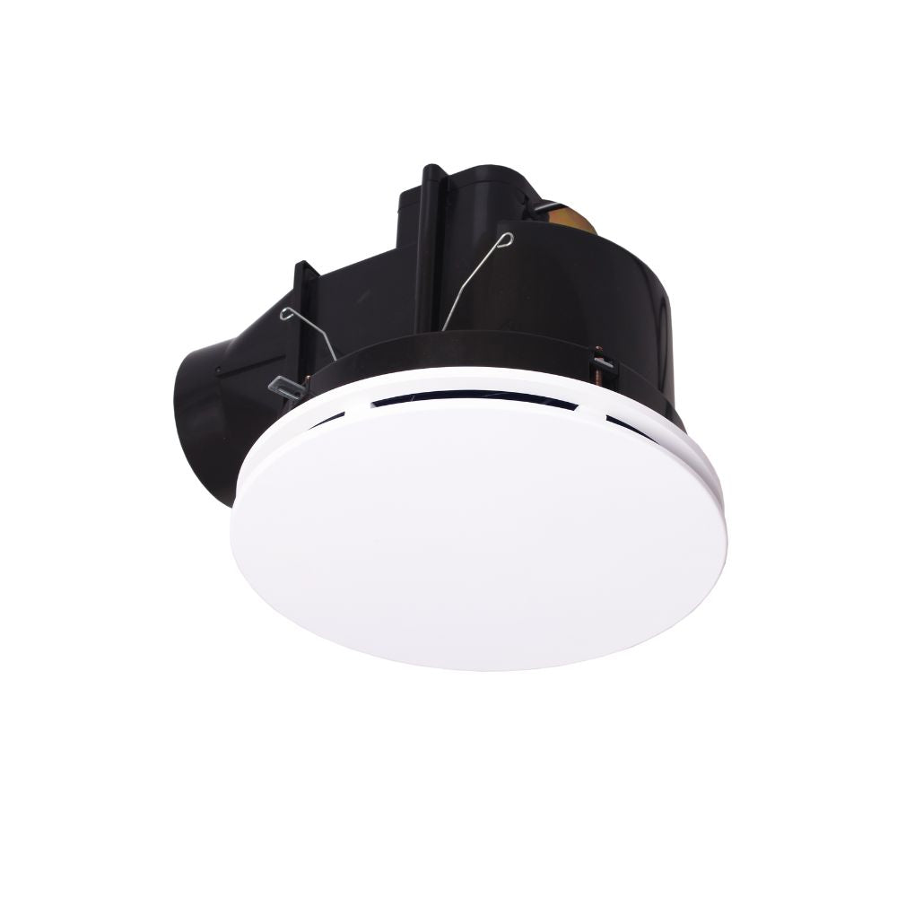 Modura AllAir Mate Plus white round exhaust fan with black housing and side duct outlet