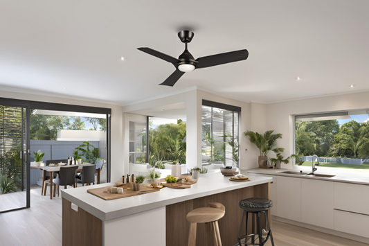 Modern Kitchen, Black Ceiling Fan with Light