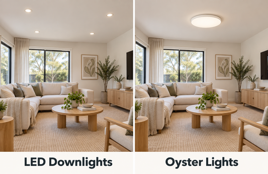 Illustration comparing recessed LED downlights and a round surface-mounted oyster light in matching living rooms.